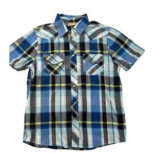VTG Roebuck & Co.‎ Snap Pearl Button Short Sleeve Western Shirt Men Plaid Size L